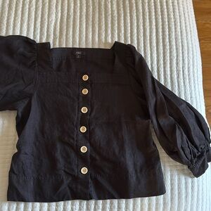 J. Crew Black Square-Neck Button Front Puff Sleeve Top
